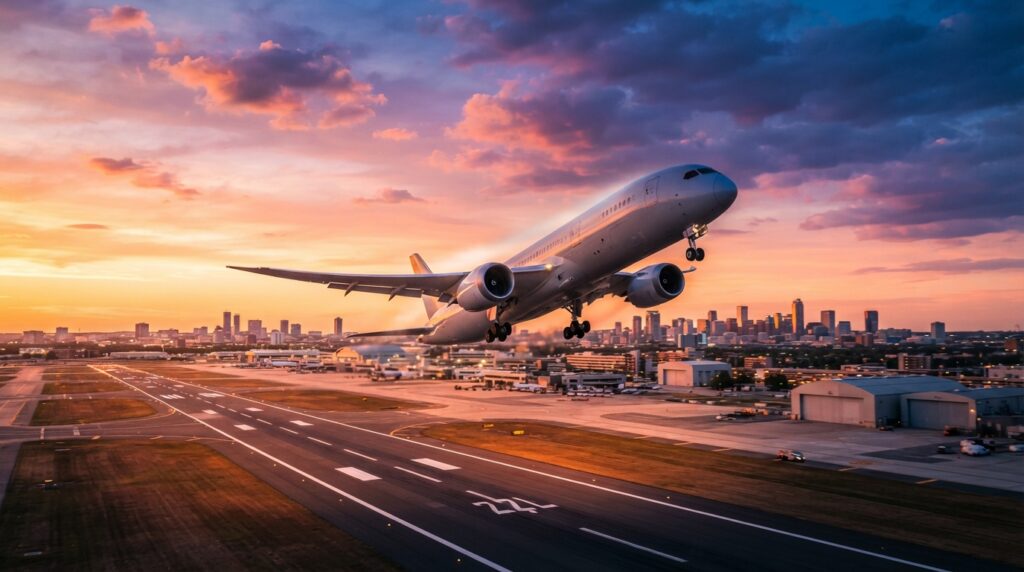 Pilotluk Mesleği — Modern bir yolcu uçağının gün batımında kalkış anı, gökyüzünde süzülen bir pilot balina ve zarif bir Pilot dolma kalem.