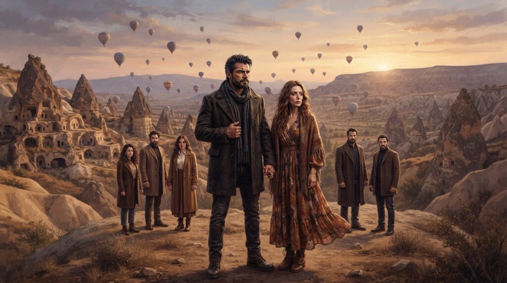 Sevdan Bir Ateş Oyuncuları — Sevdan Bir Ateş dizisinin başrol oyuncuları Murat Ünalmış ve Özge Özacar, Kapadokya'nın büyüleyici atmosferinde.